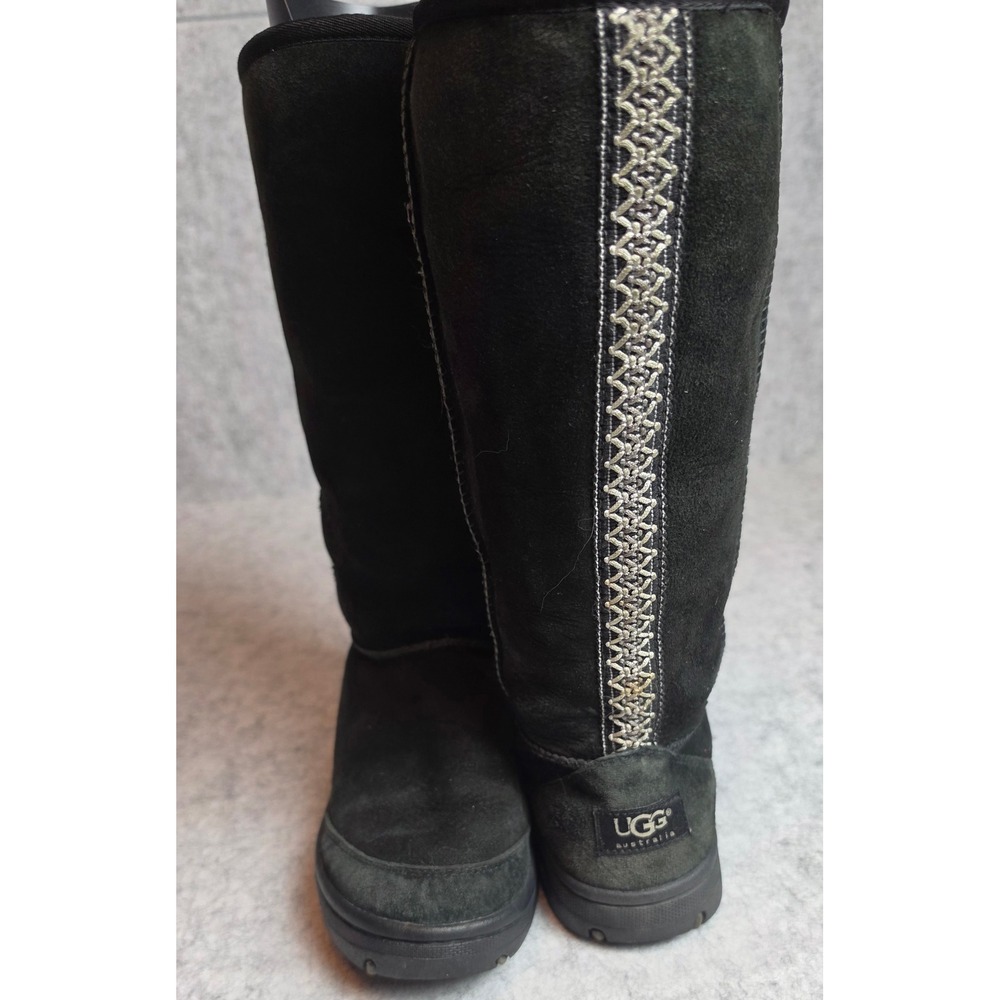 UGG Australia Black Suede Tall Boots Embroidered Trim Sheepskin F19009I Mens 8W